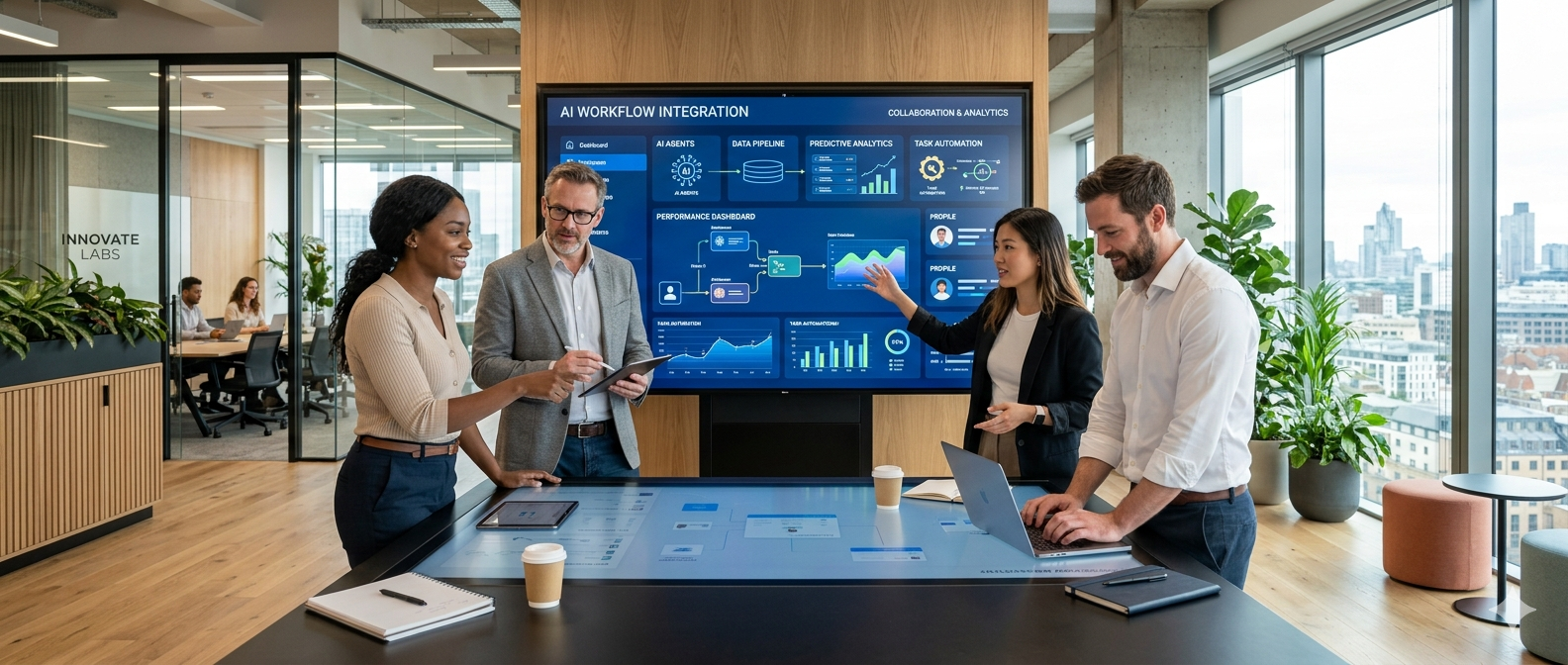 Futuristic digital interface and AI head silhouette